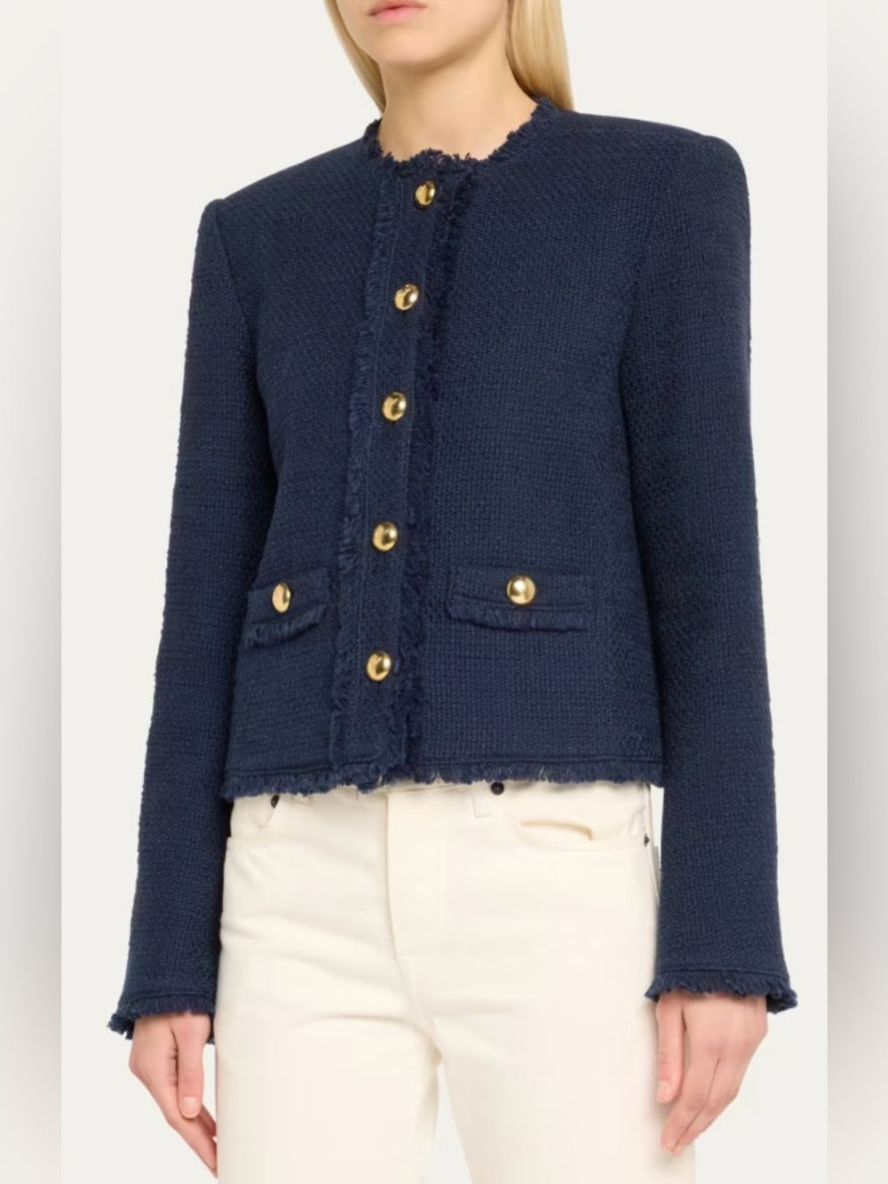 cinq a sept Navy Bouclé Jacket with Gold Buttons, M